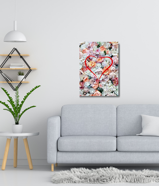 Red Heart Over Colorful Flowers Wall Art