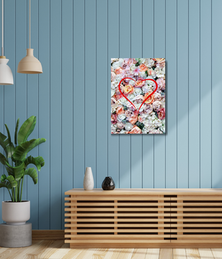 Red Heart Over Colorful Flowers Wall Art