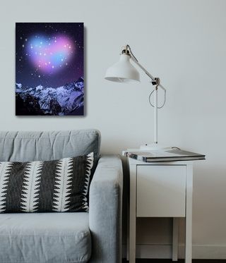 Purple Shining Heart Above Mountain Wall Canvas