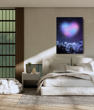 Purple Shining Heart Above Mountain Wall Canvas