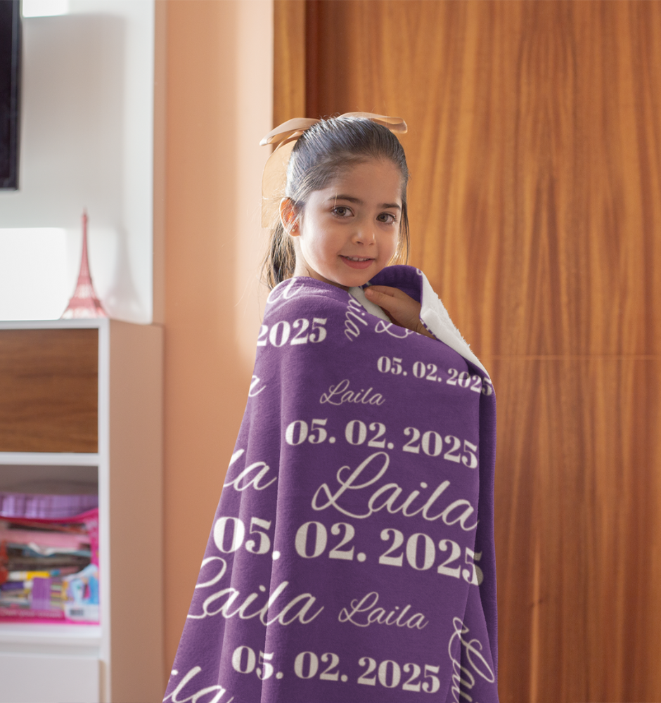 Soft Personalized Name &  Date Of Birth Fleece Blanket for Girls